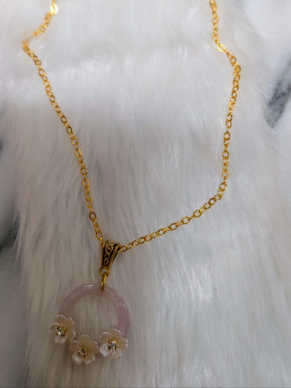 Handcrafted Gold-Tone Necklace with Cream Floral Lavender Round Pendant